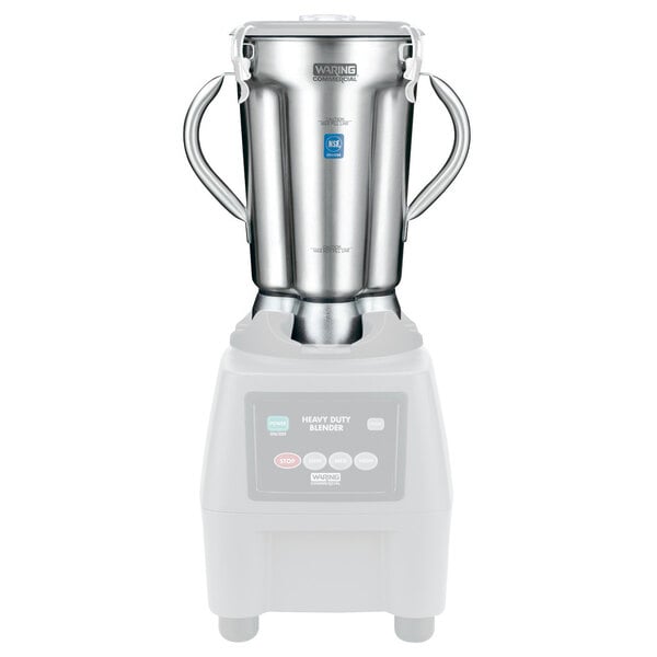 A Waring blender container with a silver blending assembly on top.