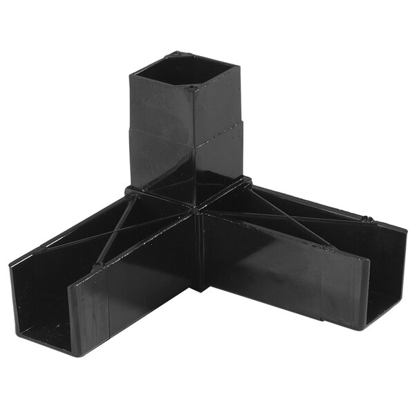 A black plastic rectangular Carlisle sneeze guard corner piece with two holes.