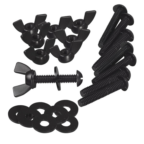 A group of black screws and nuts.