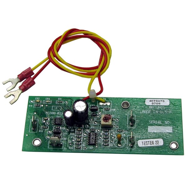 A green Waring PCB board with red and yellow wires.