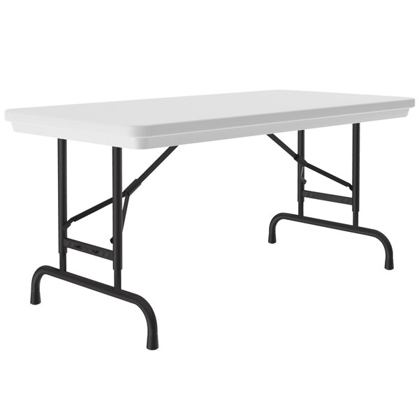 A gray rectangular Correll folding table with black legs.