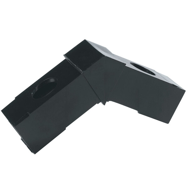 A black plastic Carlisle replacement sneeze guard corner block with holes.