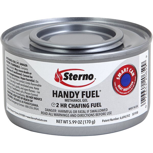 A Sterno can of methanol gel chafing fuel with a white label.