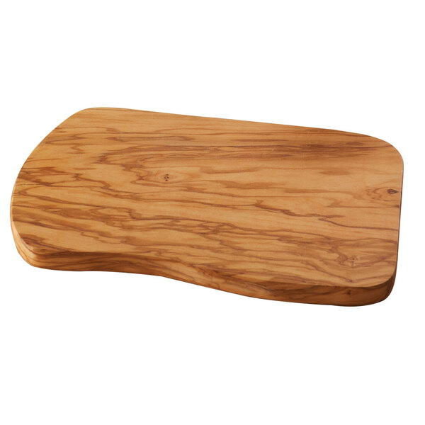 An American Metalcraft olive wood entree board with a curved edge.