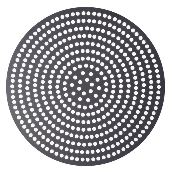 An American Metalcraft hard coat anodized aluminum pizza disk with perforations.