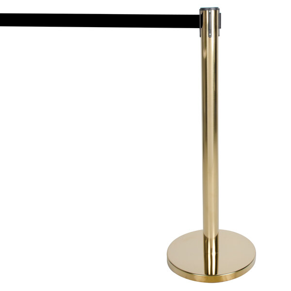 A gold pole with a black retractable belt.