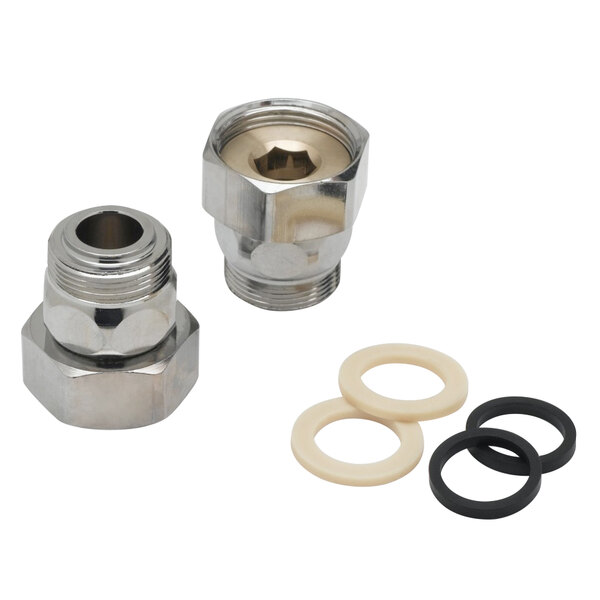 Two stainless steel T&S faucet adapter fittings with rubber rings.