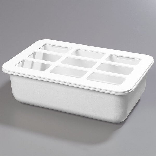 A white plastic Carlisle Coldmaster food pan holder with plastic windows.