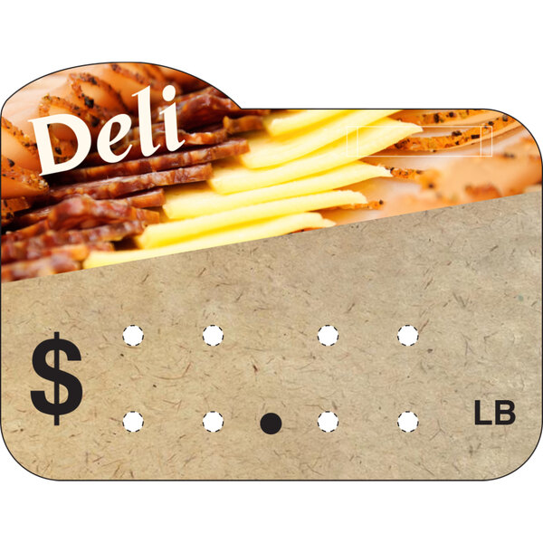 A yellow Ketchum Manufacturing deli tag with white text and a black border holding a card with a picture of cheese and meat.