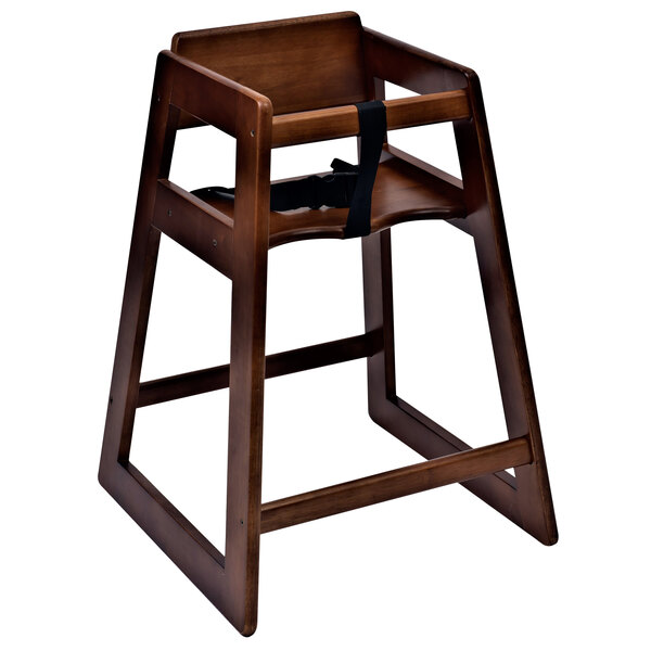 A Koala Kare wooden high chair with a black strap.