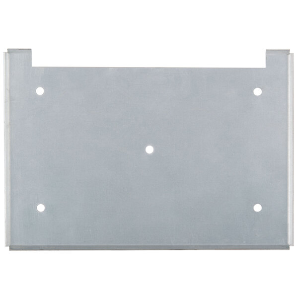 A gray metal rectangular plate with holes.