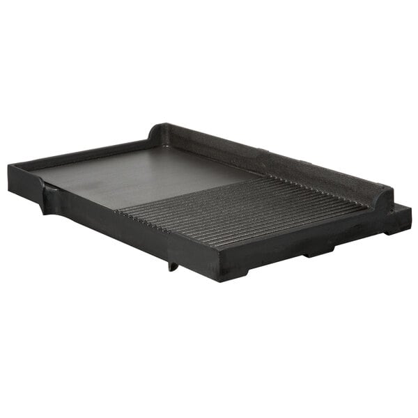 A black rectangular grill pan with a black border and a handle.