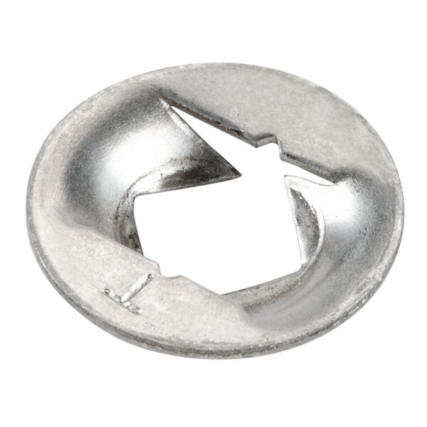 A silver circular T-nut for a juicer with a hole in the middle.