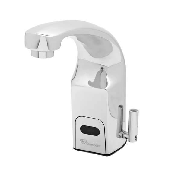 A silver T&S hands-free sensor faucet with a black button.