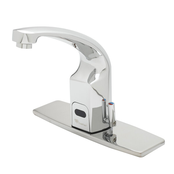 A T&S chrome hands-free sensor faucet with deck plate.