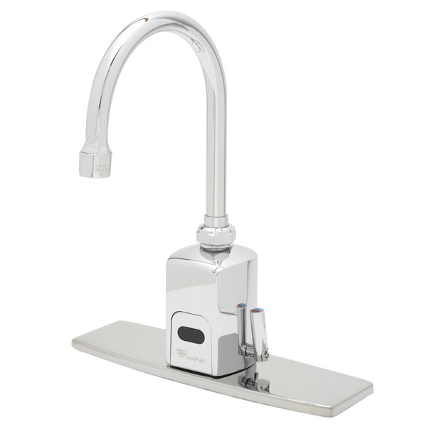 A silver T&S hands-free deck mount faucet with an 8" deck plate.