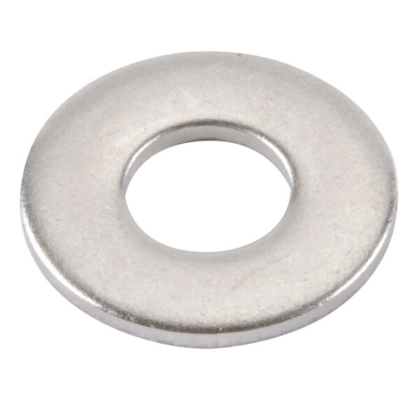 A close-up of a silver round metal washer.