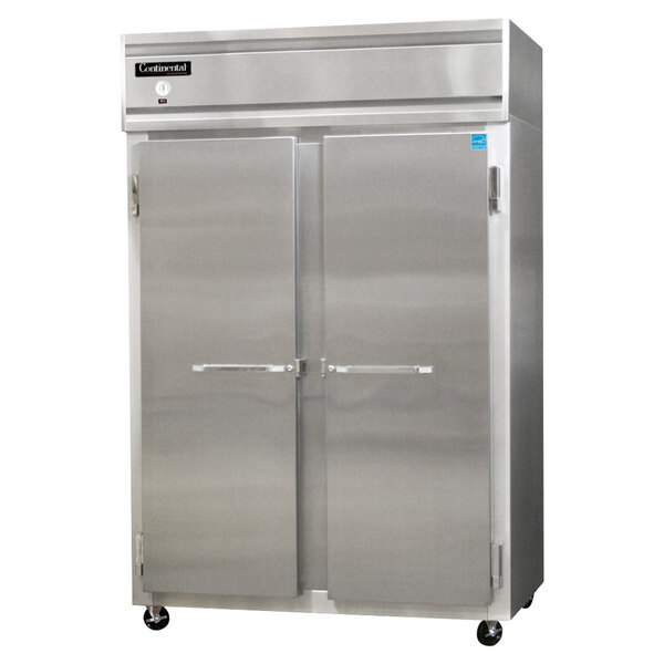 The stainless steel doors of a Continental Refrigerator 2F-SS reach-in freezer.