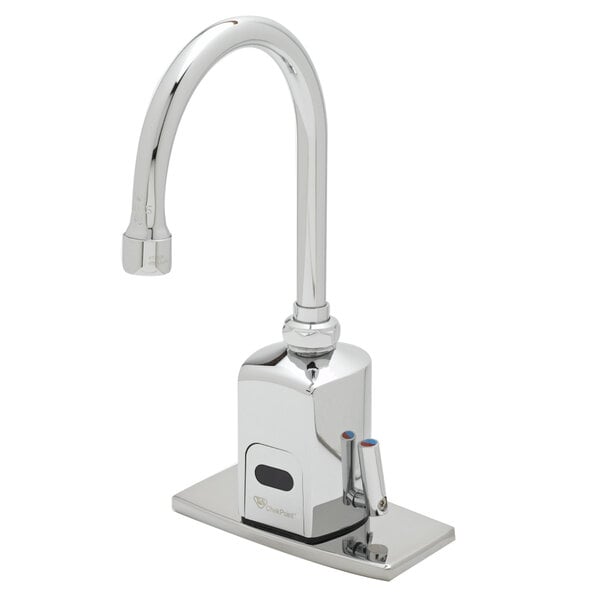A chrome T&S hands-free sensor faucet with a gooseneck spout and deck plate.