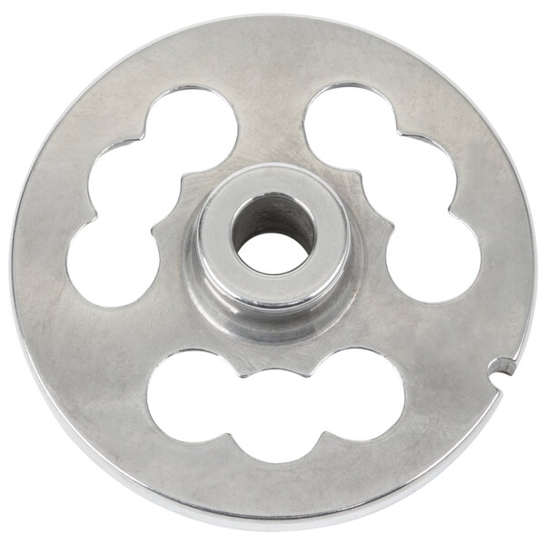 A silver metal Globe stuffing plate with holes.