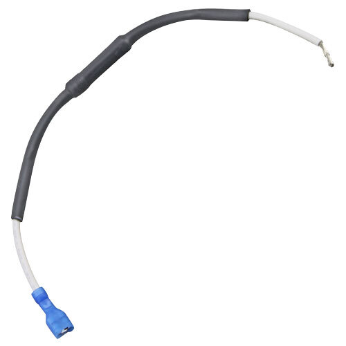 A black and white cable with a blue connector and white end caps.