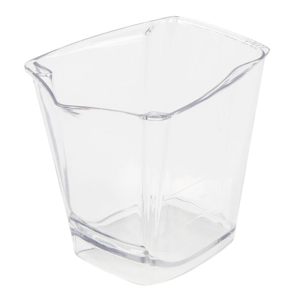 A clear plastic juice container with a triangle shaped bottom and a lid with black text.