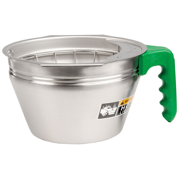 A stainless steel funnel with a green handle.