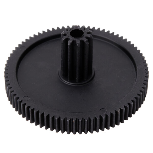 A close-up of a black Waring gear with a pinion.