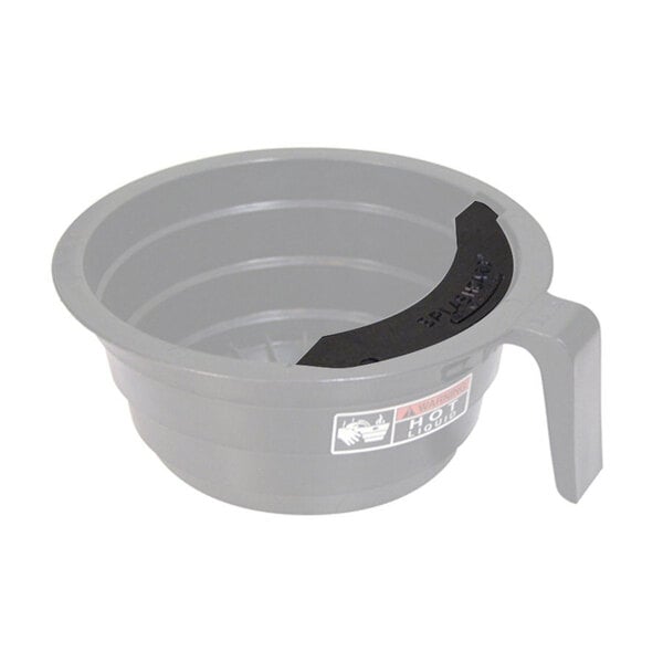 A gray plastic splash guard for a Bunn coffee brewer with a black handle.