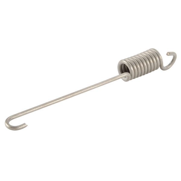 A metal coil spring with a hook on it.