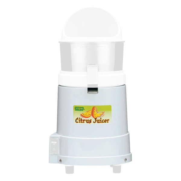 The white base of a Waring juicer with a white lid.