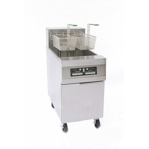 A large stainless steel Frymaster electric floor fryer with automatic basket lifts.