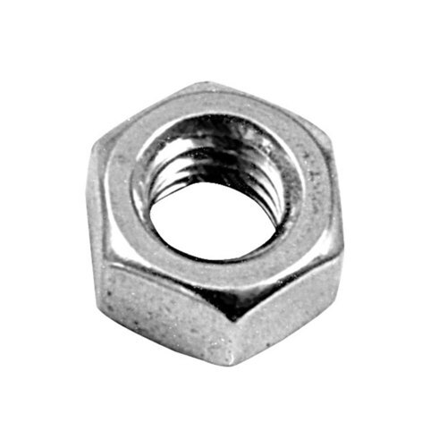 A close-up of a hex nut on a white background.