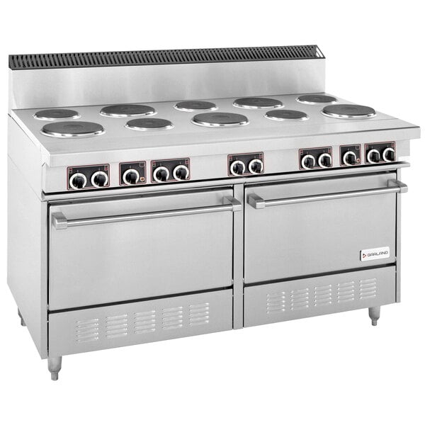 A stainless steel Garland commercial electric range with two standard ovens and ten sealed burners.