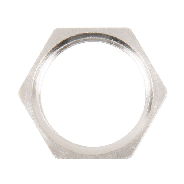 A close-up of a stainless steel hex nut with a hexagon shape.