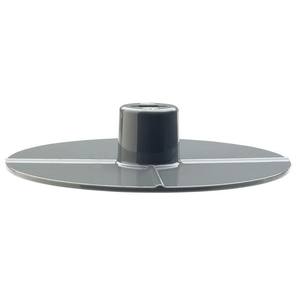 A gray plastic circular plate with a black top.