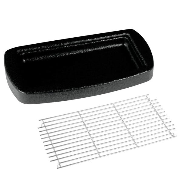 A black rectangular Bunn drip tray on a counter next to a metal grate.