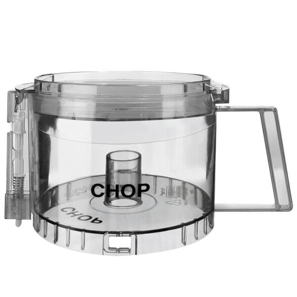 A clear plastic Waring chopping bowl assembly with a circular lid and handle.