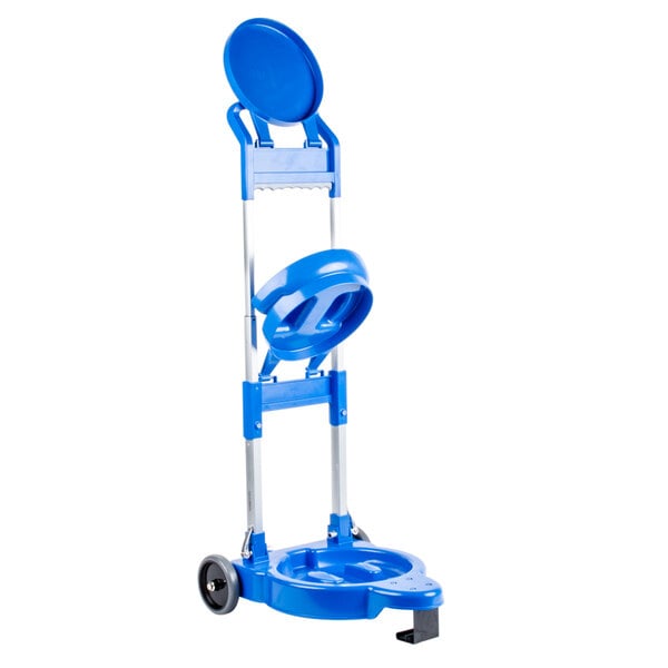 A blue plastic cart with wheels for San Jamar ice totes.