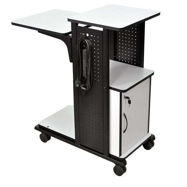 A black and white cart with a white shelf.