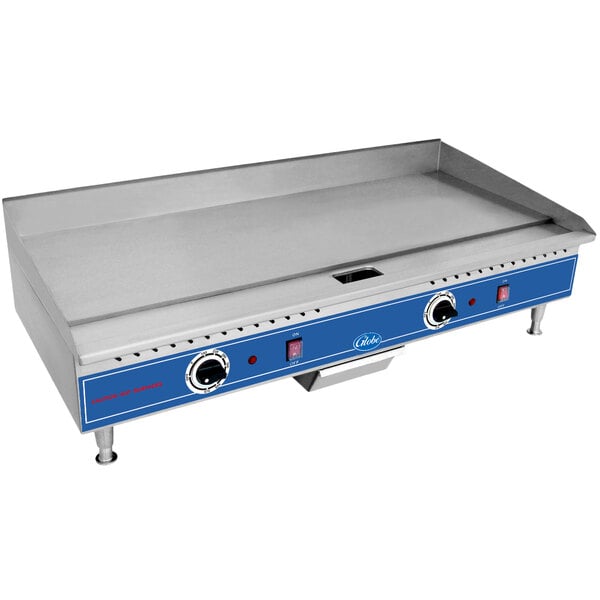 A Globe stainless steel electric countertop griddle.