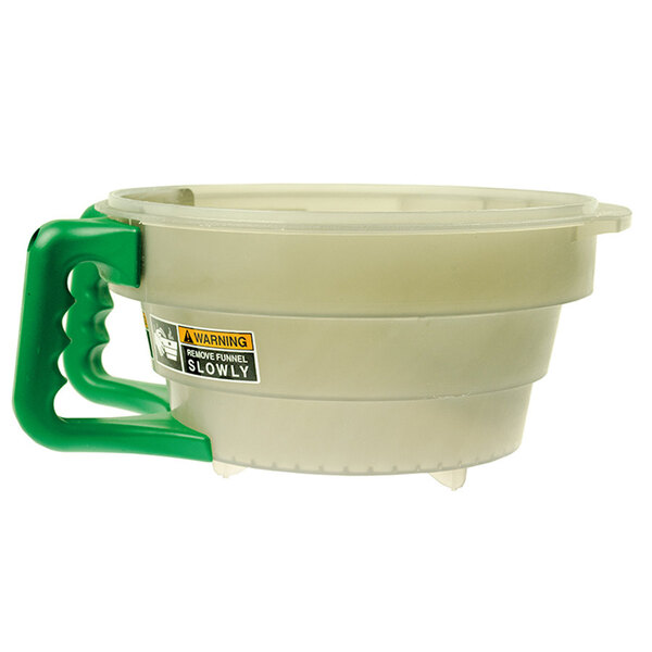 A clear funnel with a Bunn green handle.