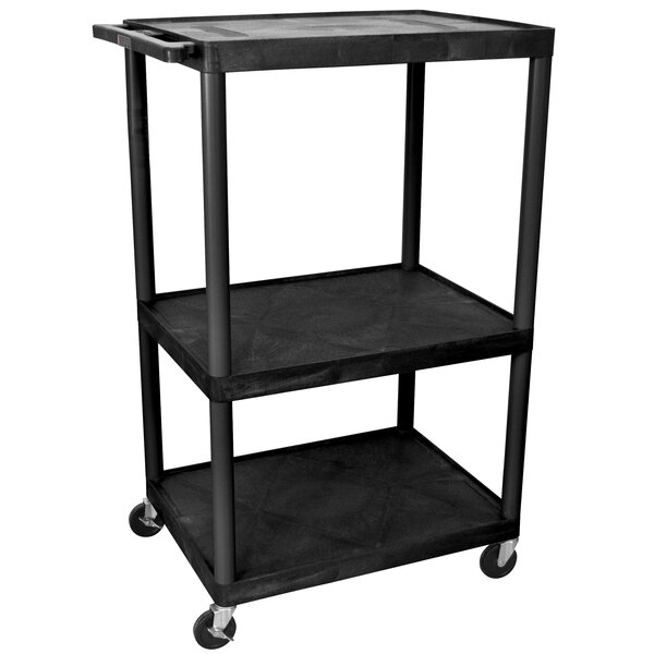 A Luxor black plastic utility cart with three shelves and wheels.