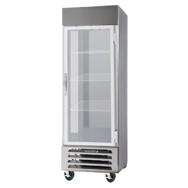 A Beverage-Air reach-in refrigerator with glass doors and shelves.