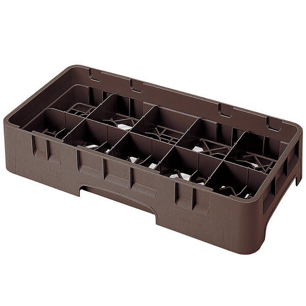 A brown plastic Cambro glass rack with 10 compartments and extenders.
