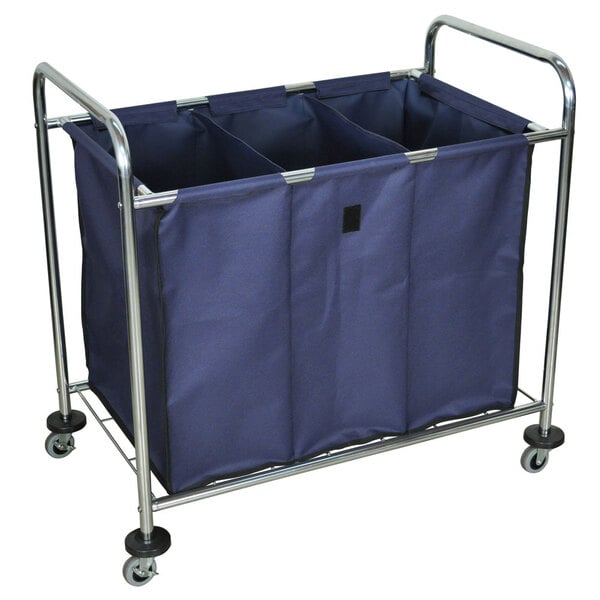 A blue Luxor laundry cart with three compartments on wheels.