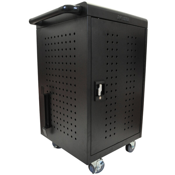 A black metal Luxor tablet charging cart with holes.
