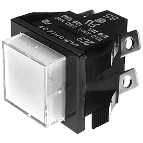 A close-up of a black and white Bunn momentary push button switch with a white light.