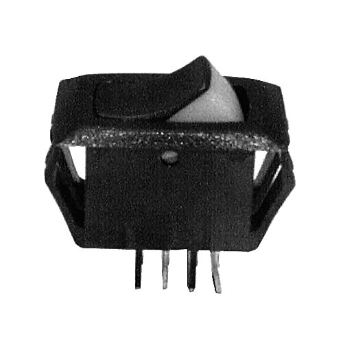 A close-up of a black Bunn On / Off rocker switch with a white background.