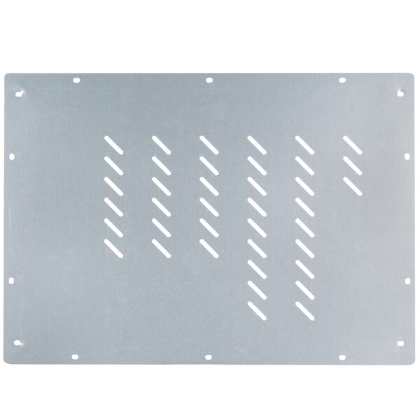 A white rectangular metal plate with holes on a grey background.